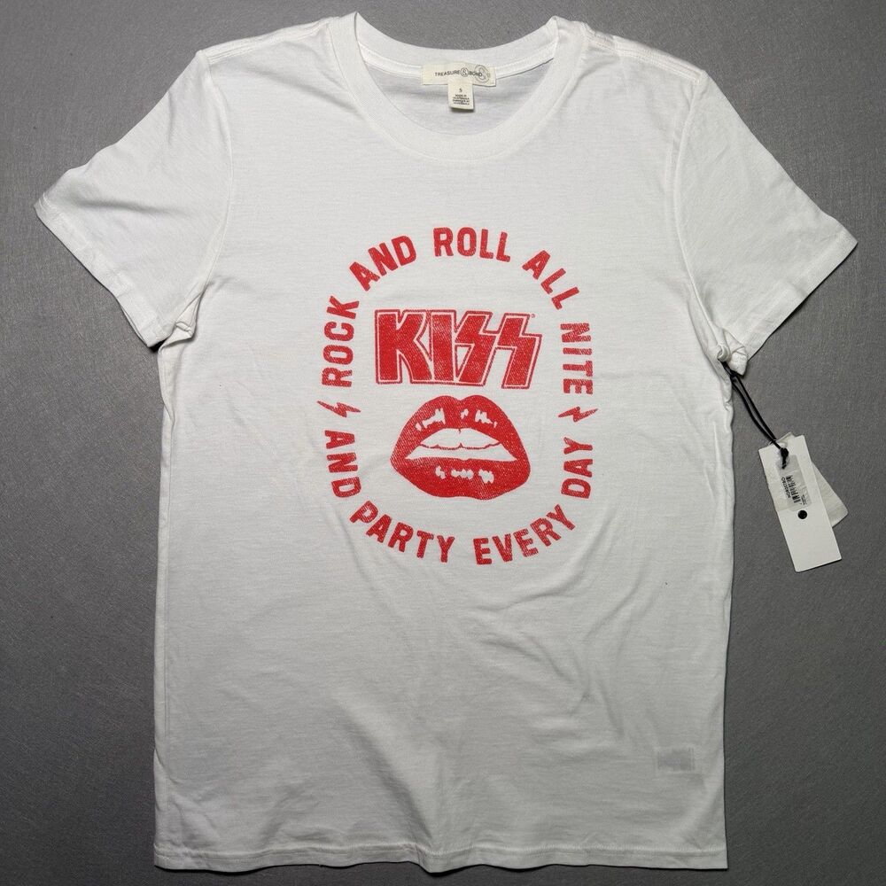 Treasure & Bond KISS T-Shirt Womens Small White Red Rock And Roll All Nite